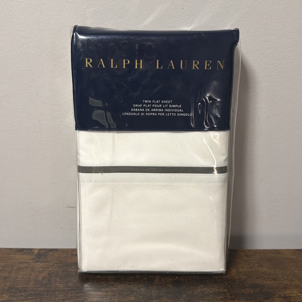 NEW Ralph Lauren Palmer Twin Flat Sheet White & Charcoal, 100% Cotton Percale